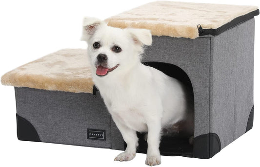 3 in 1 Multi-Use Dog Steps with Storage: Washable, Non-Slip, Gray Linen Design Dog Lounge