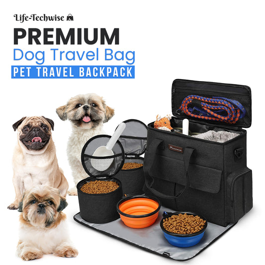 Dog Travel Bag, Pet Travel backpack, Airline Approve with Multi-function Pockets, 2 Containers, 2 Bowls, Pet Travel Essentials
